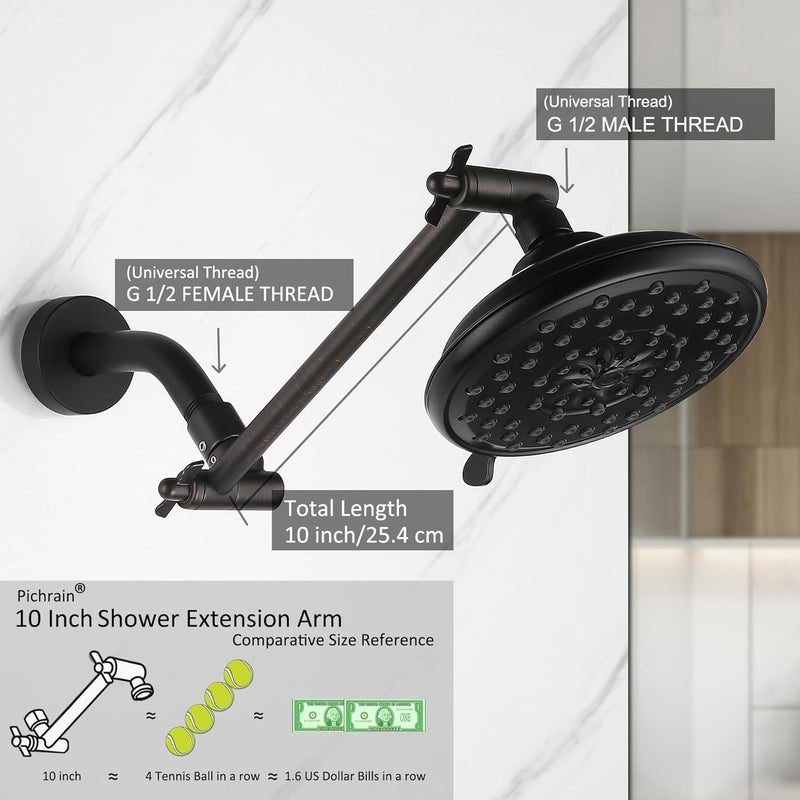 Pichrain Shower Head Arm, Adjustable Shower Extension Arm for Rain Showerheads, Angle & Height Adjustable Shower Head Extender Arm, G1/2 Universal Connector, Easy to Install (Oil Rubbed Bronze, 10 Inch) - Image 2